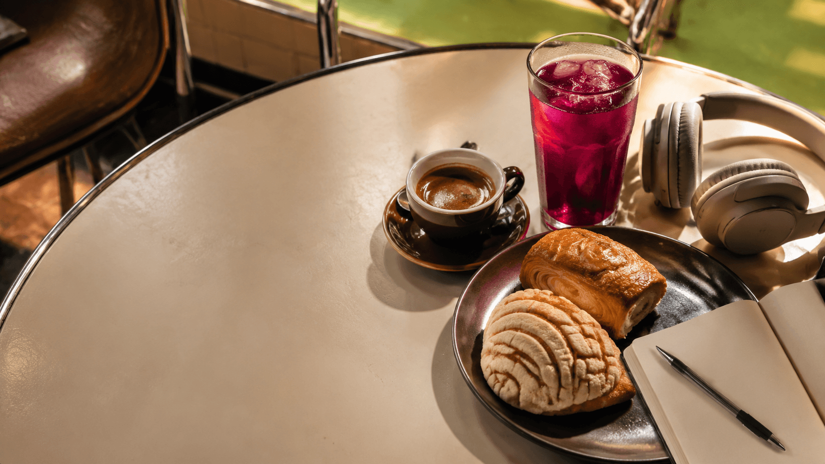 Café, bebida y pan dulce servidos en una mesa de KALLISTA Café
